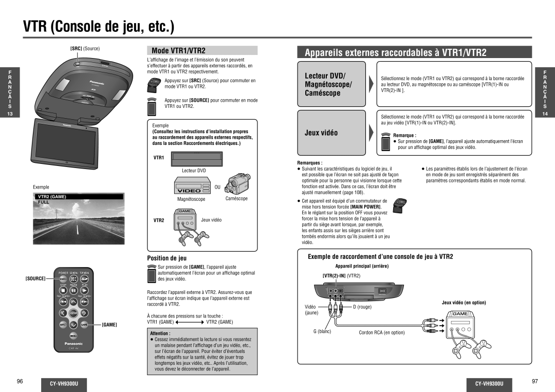 Panasonic CY-VH9300U VTR Console de jeu, etc, Appareils externes raccordables à VTR1/VTR2, Mode VTR1/VTR2 