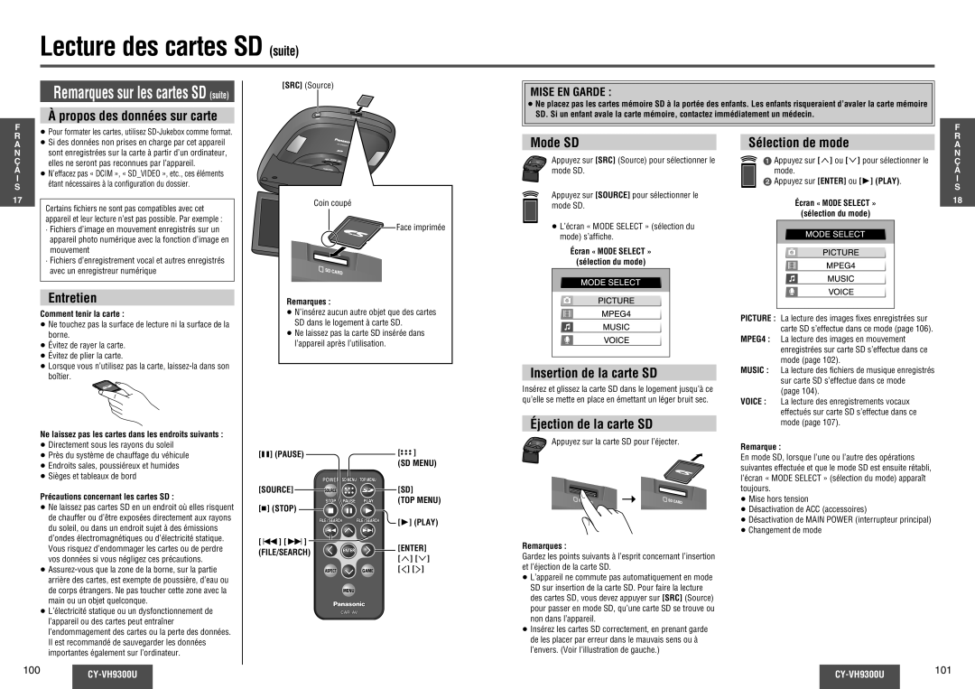 Panasonic CY-VH9300U operating instructions Lecture des cartes SD suite 