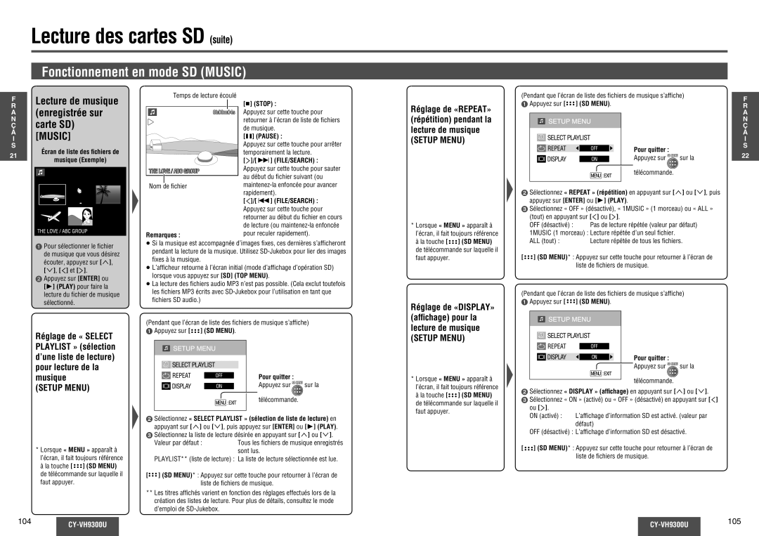 Panasonic CY-VH9300U Fonctionnement en mode SD Music, Réglage de «DISPLAY» afﬁchage pour la lecture de musique 