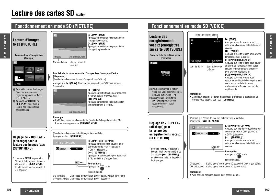 Panasonic CY-VH9300U Lecture des, Lecture d’images, Enregistrements vocaux enregistrés sur carte SD Voice 