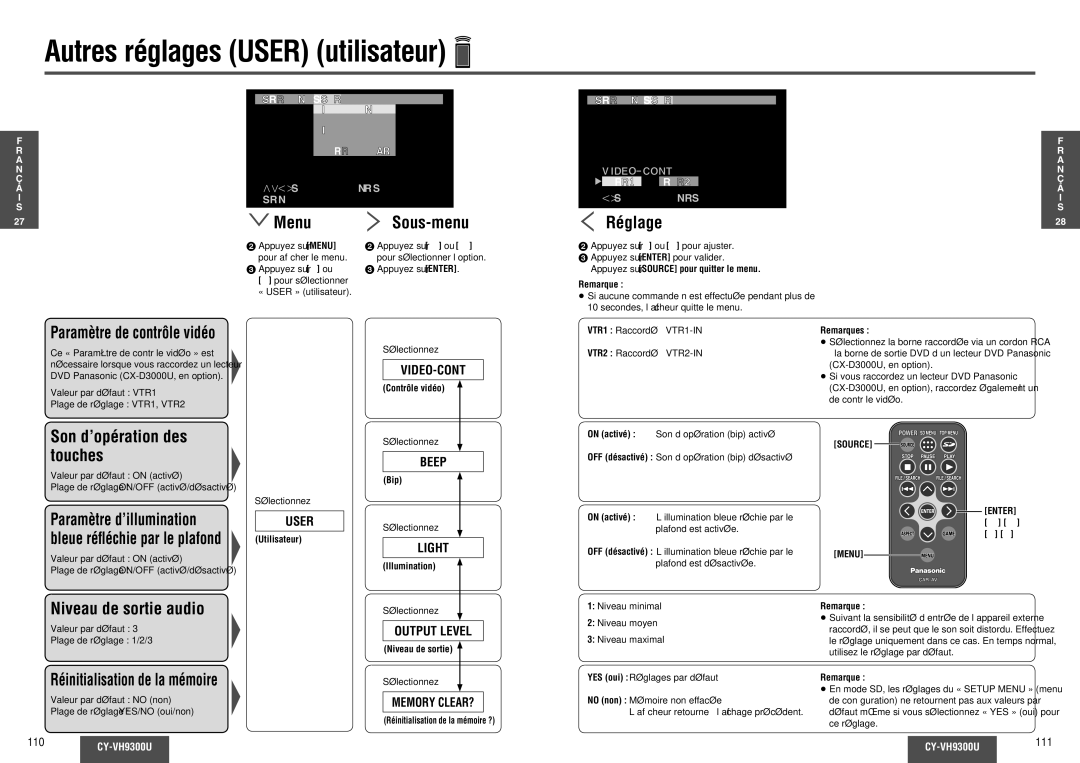 Panasonic CY-VH9300U Autres réglages User utilisateur, Son d’opération des touches, Niveau de sortie audio 