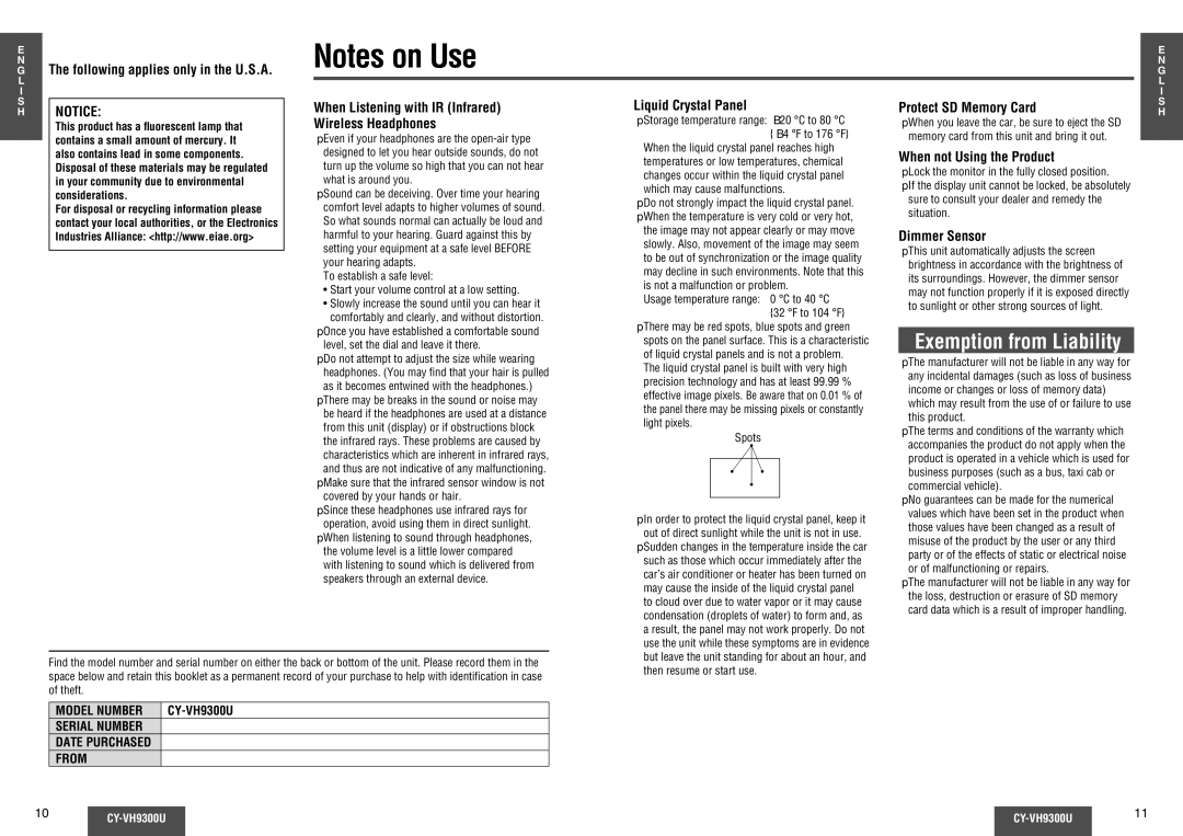 Panasonic CY-VH9300U operating instructions Wireless Headphones, When not Using the Product, Dimmer Sensor 