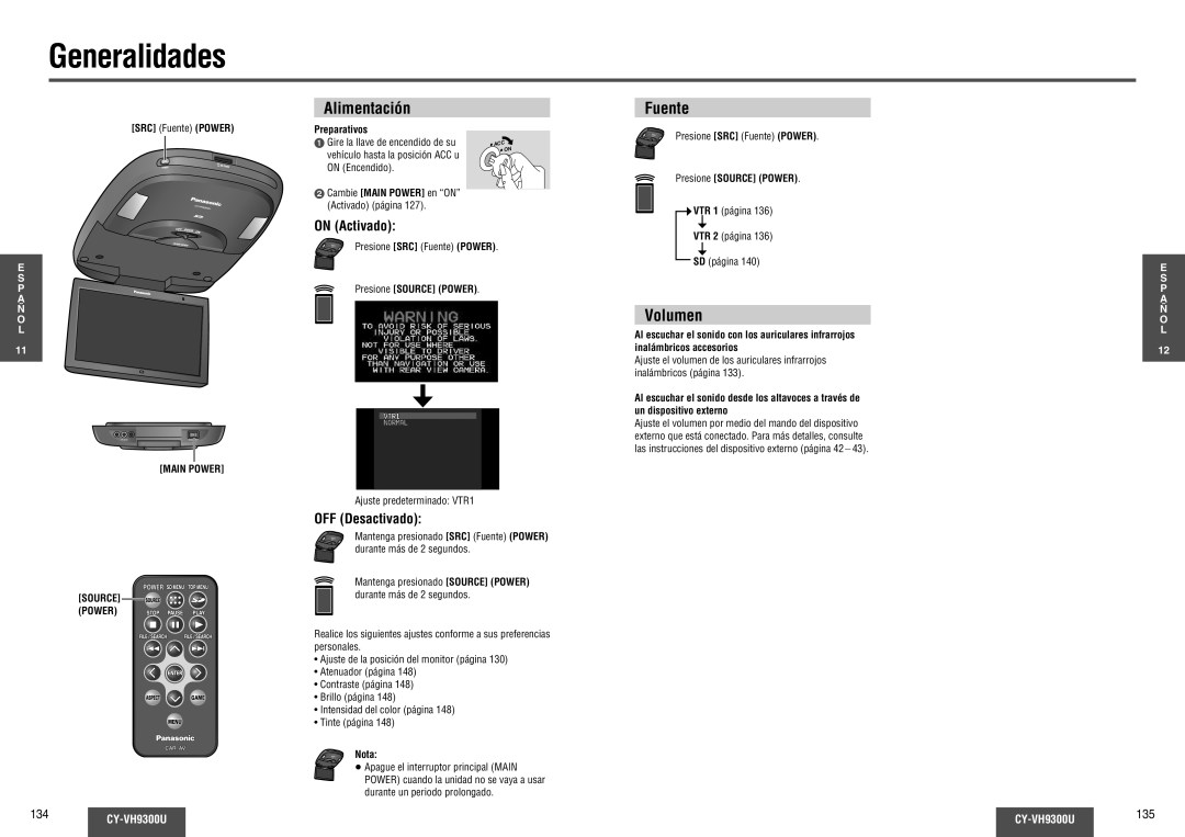 Panasonic CY-VH9300U operating instructions Generalidades, Alimentación, Fuente, Volumen 