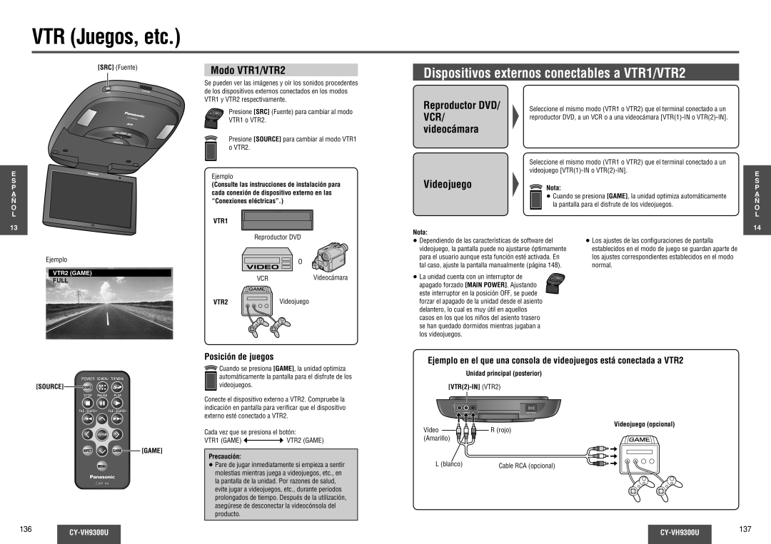 Panasonic CY-VH9300U VTR Juegos, etc, Dispositivos externos conectables a VTR1/VTR2, Modo VTR1/VTR2, Posición de juegos 