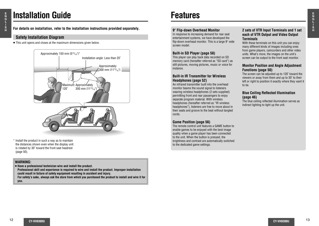 Panasonic CY-VH9300U operating instructions Features, Safety Installation Diagram 