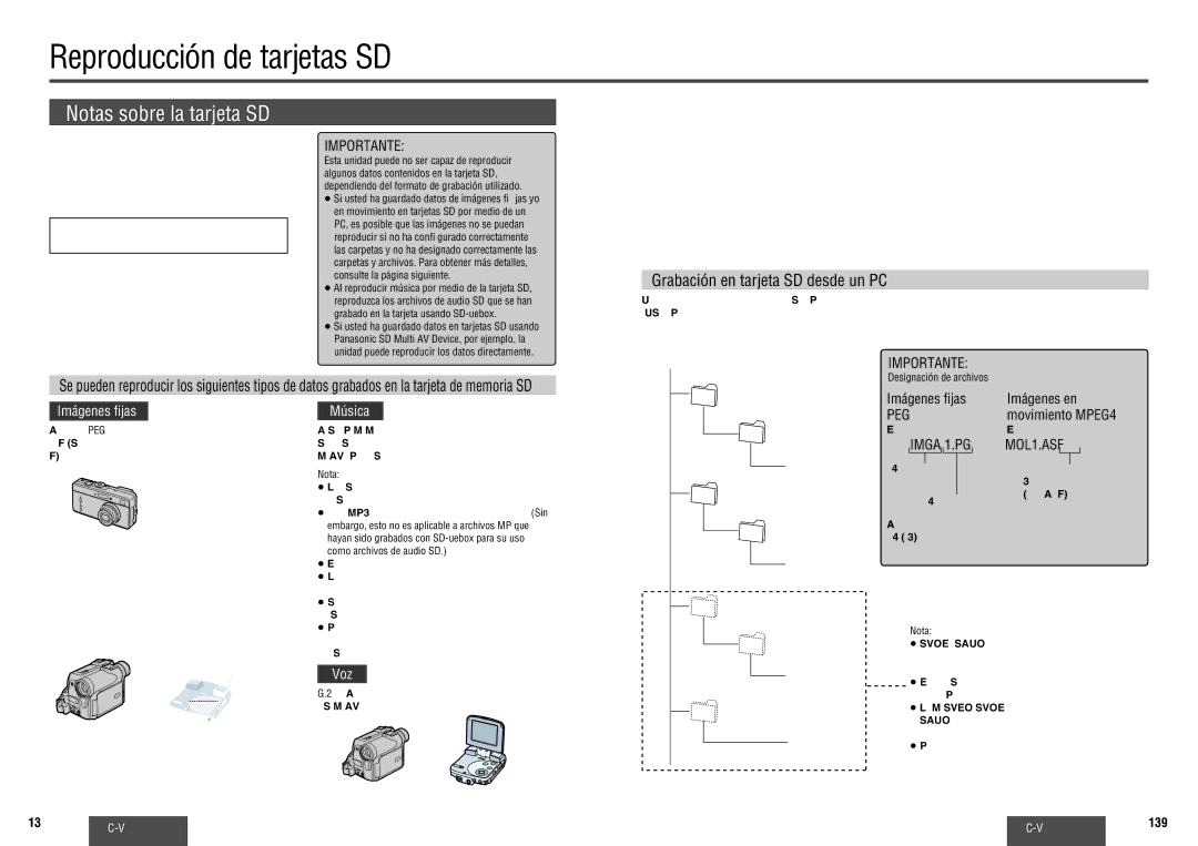 Panasonic CY-VH9300U Reproducción de tarjetas SD, Notas sobre la tarjeta SD, Importante, Jpeg, Imga 0001.JPG MOL001.ASF 