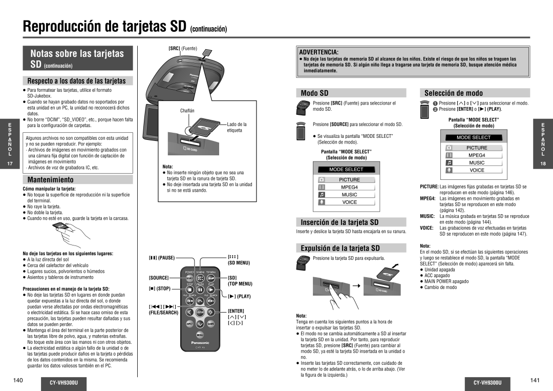 Panasonic CY-VH9300U operating instructions Reproducción de tarjetas SD continuación, Notas sobre las tarjetas 