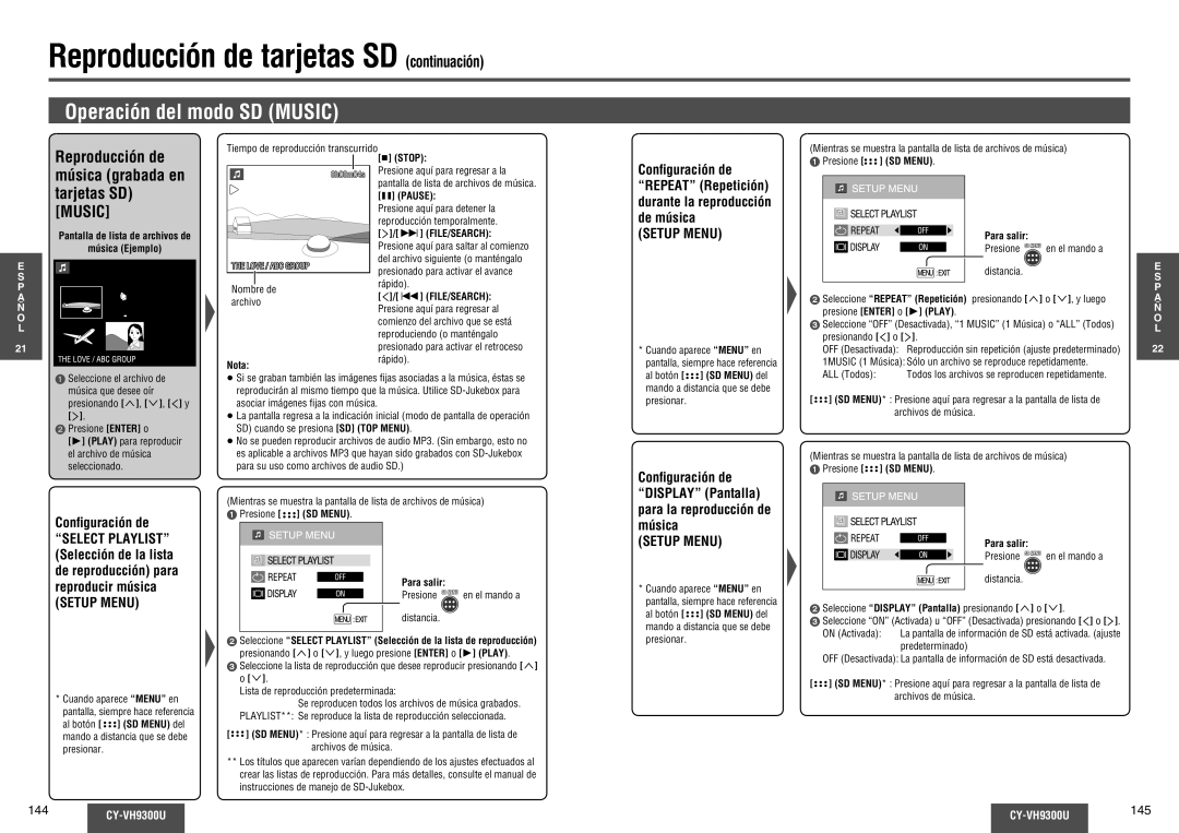 Panasonic CY-VH9300U Operación del modo SD Music, Conﬁguración de, Pantalla de lista de archivos de Música Ejemplo 