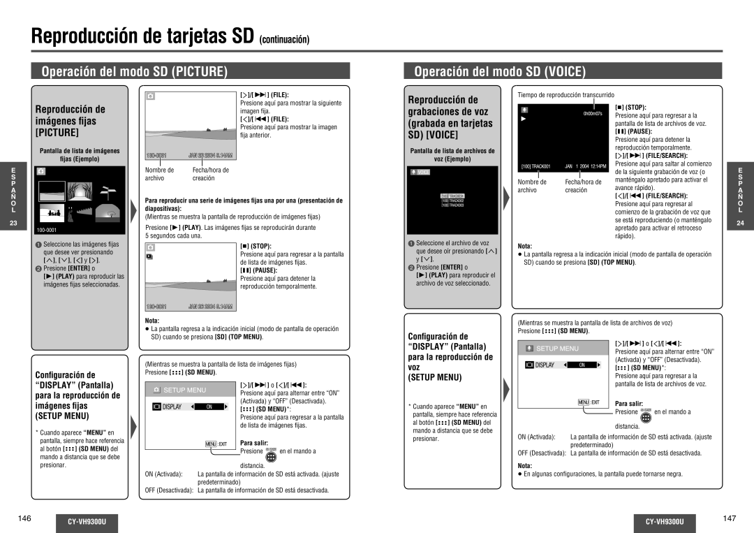 Panasonic CY-VH9300U operating instructions Operación del modo SD Picture Operación del modo SD Voice, Reproducción de 