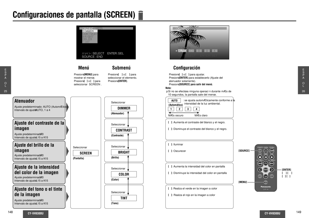 Panasonic CY-VH9300U operating instructions Conﬁguraciones de pantalla Screen 