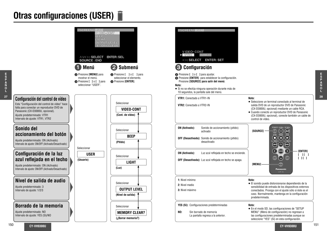 Panasonic CY-VH9300U Otras conﬁguraciones User, Conﬁguración de la luz, Azul reﬂejada en el techo, Borrado de la memoria 