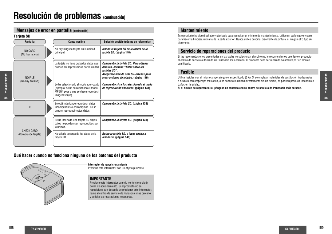 Panasonic CY-VH9300U Mensajes de error en pantalla continuación, Servicio de reparaciones del producto 