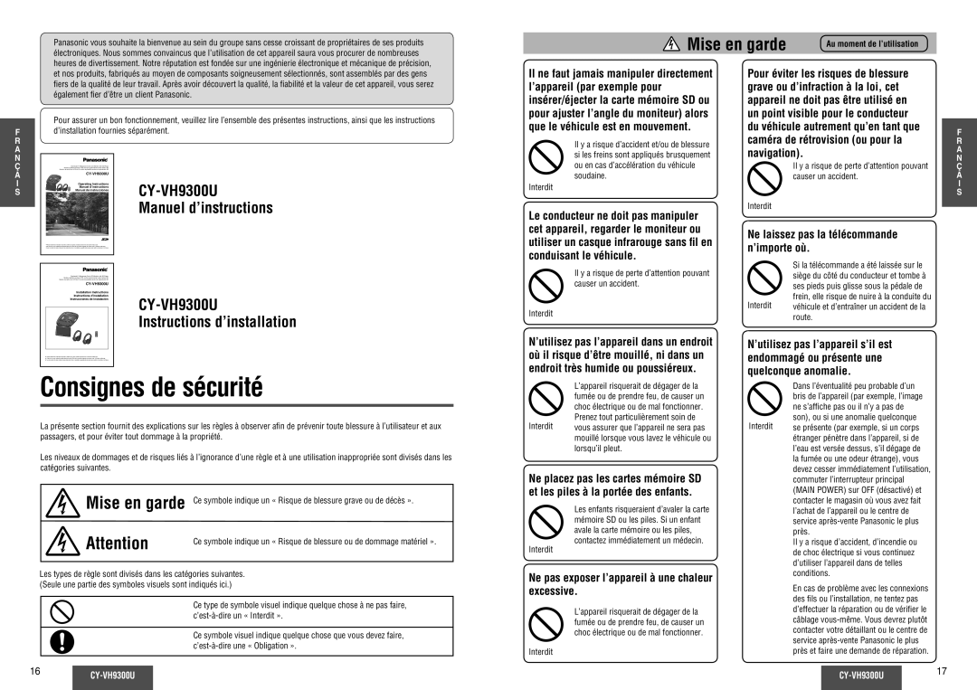 Panasonic Consignes de sécurité, CY-VH9300U Instructions d’installation, Ne laissez pas la télécommande n’importe où 