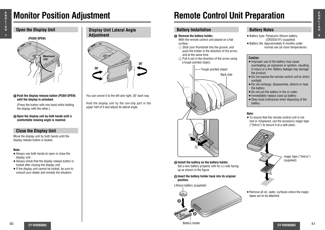 Panasonic CY-VHD9500U Remote Control Unit Preparation, Close the Display Unit, Battery Installation Battery Notes 