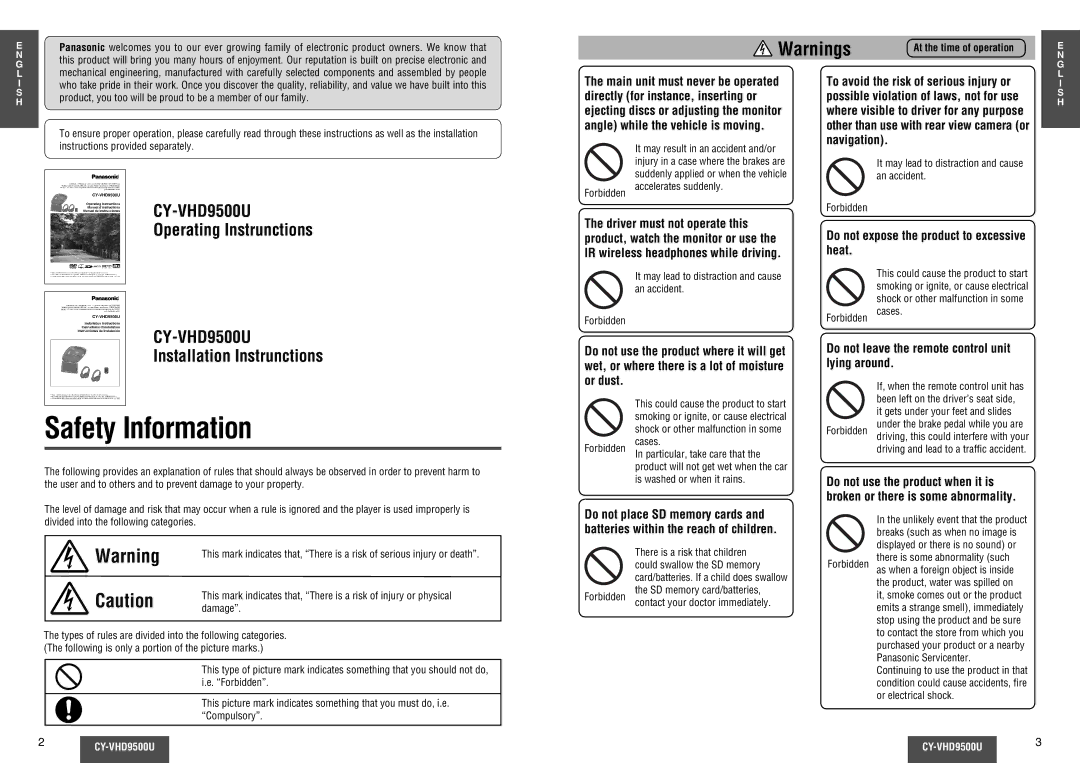 Panasonic CY-VHD9500U operating instructions Safety Information, Operating Instrunctions, Installation Instrunctions 