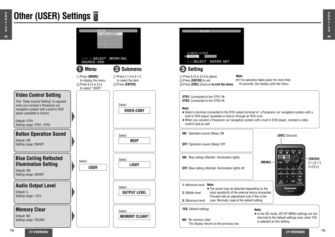 Panasonic CY-VHD9500U operating instructions Other User Settings 