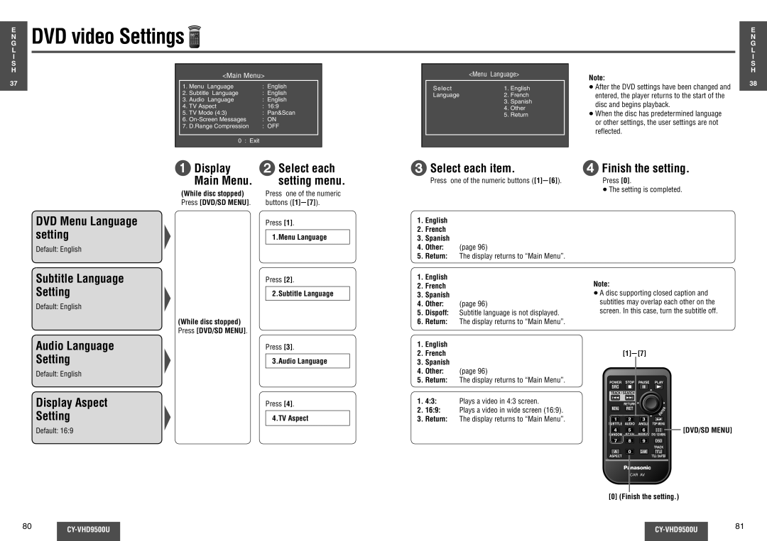 Panasonic CY-VHD9500U DVD video Settings, Display 2Select each Main Menu, Select each item, Finish the setting 