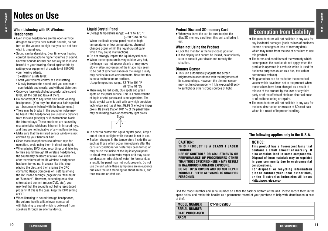 Panasonic CY-VHD9500U operating instructions Headphones, When not Using the Product, Dimmer Sensor 