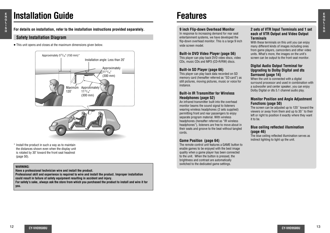 Panasonic CY-VHD9500U operating instructions Features, Safety Installation Diagram 