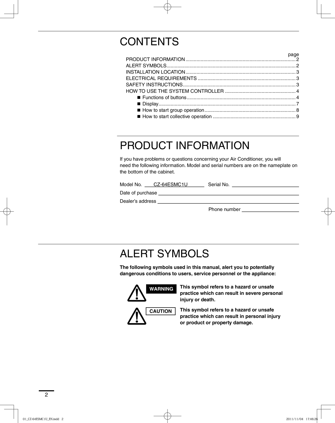 Panasonic CZ-64ESMC1U manual Contents, Product Information, Alert Symbols 