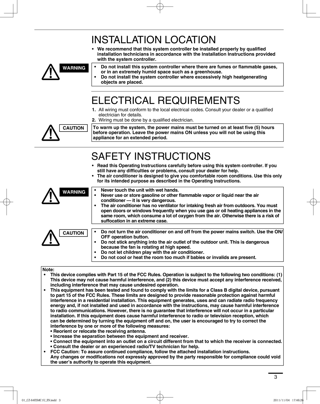 Panasonic CZ-64ESMC1U manual Installation Location, Electrical Requirements, Safety Instructions 