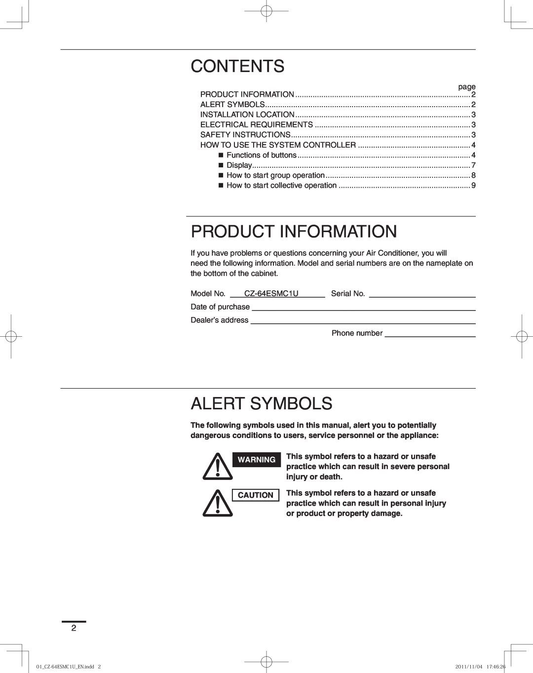 Panasonic CZ-64ESMC1U manual Contents, Product Information, Alert Symbols 