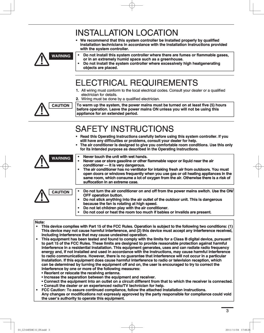 Panasonic CZ-64ESMC1U manual Installation Location, Electrical Requirements, Safety Instructions 