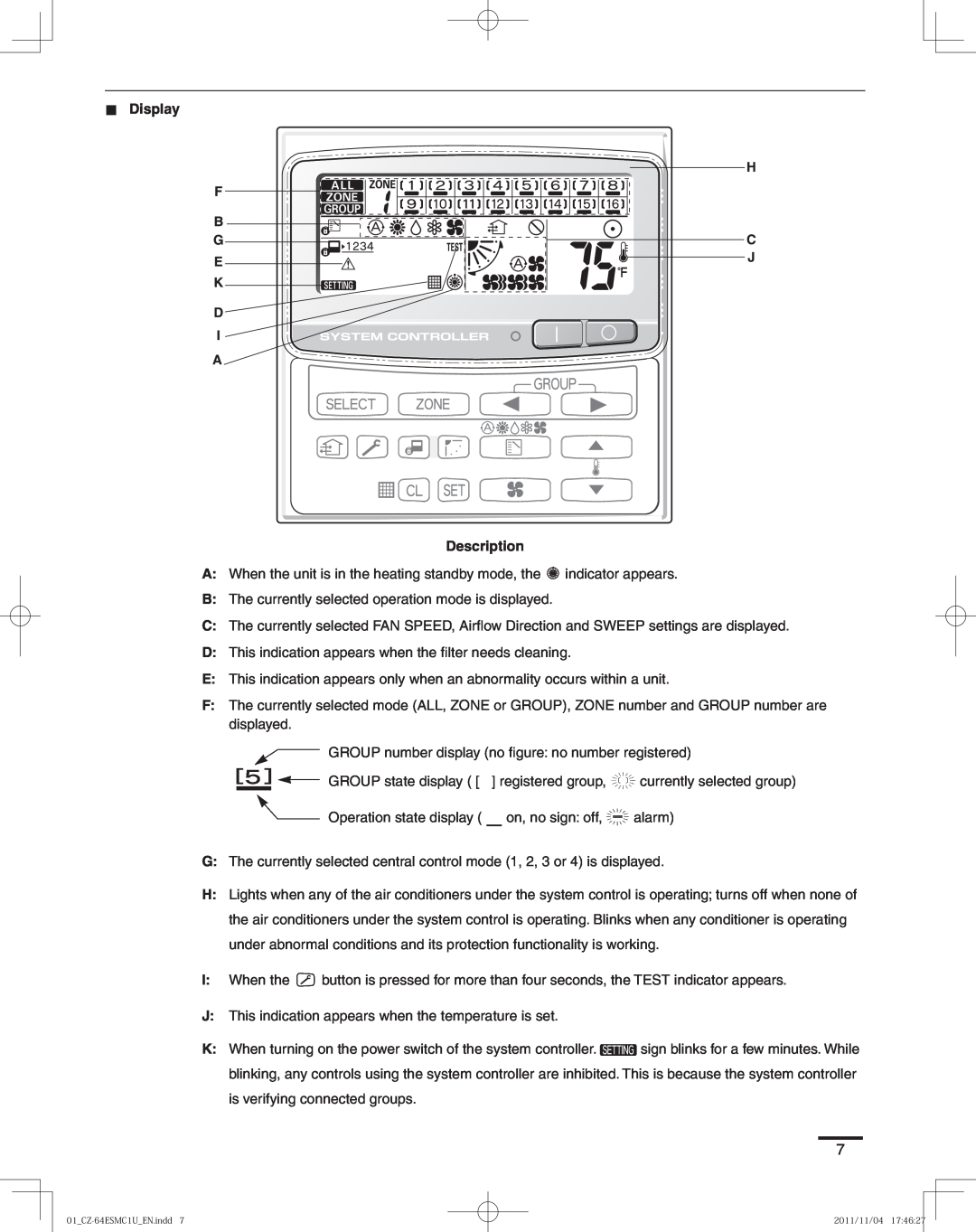 Panasonic CZ-64ESMC1U manual „Display Description 