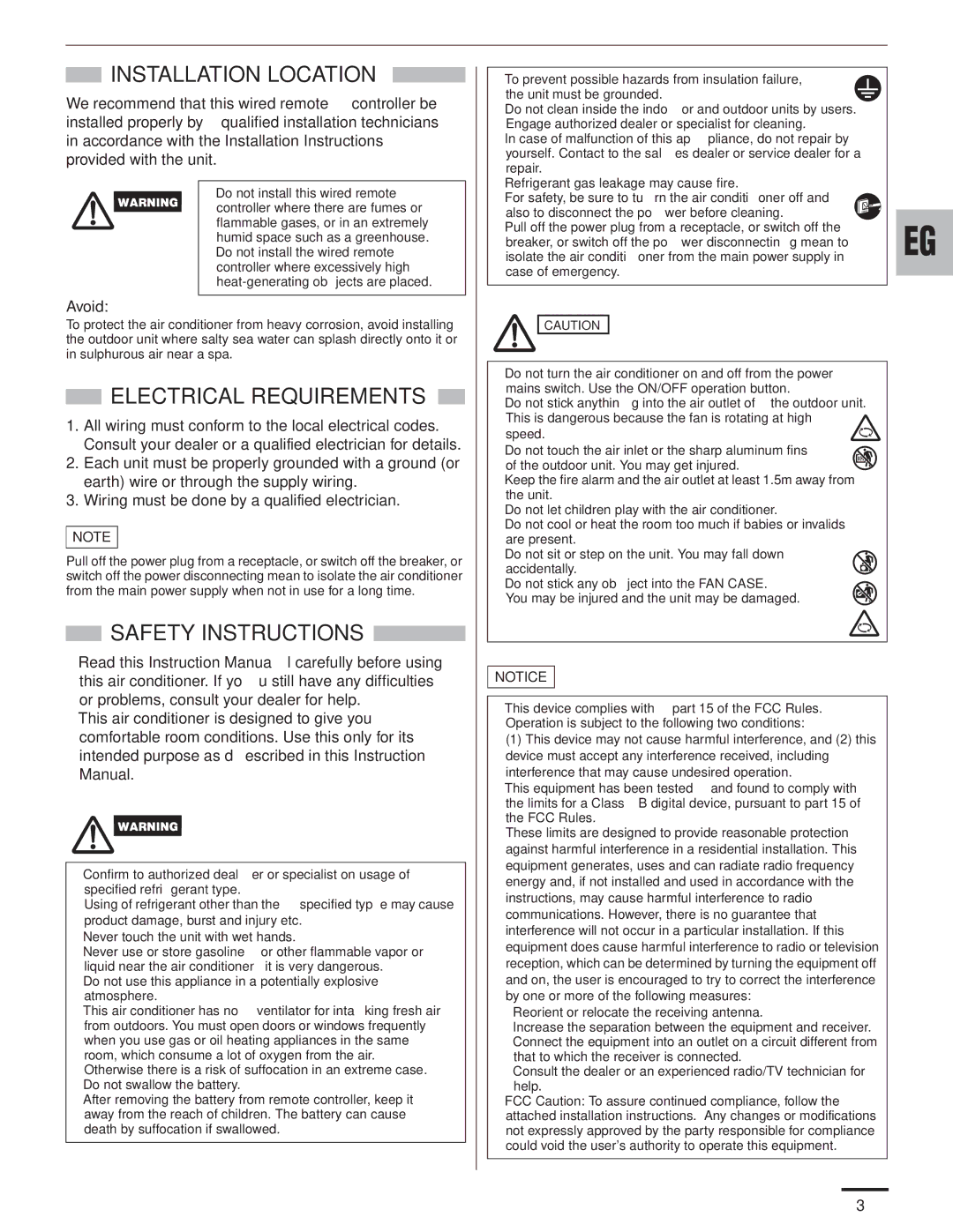 Panasonic CZ-RD515U service manual Installation Location, Electrical Requirements, Safety Instructions, Avoid 