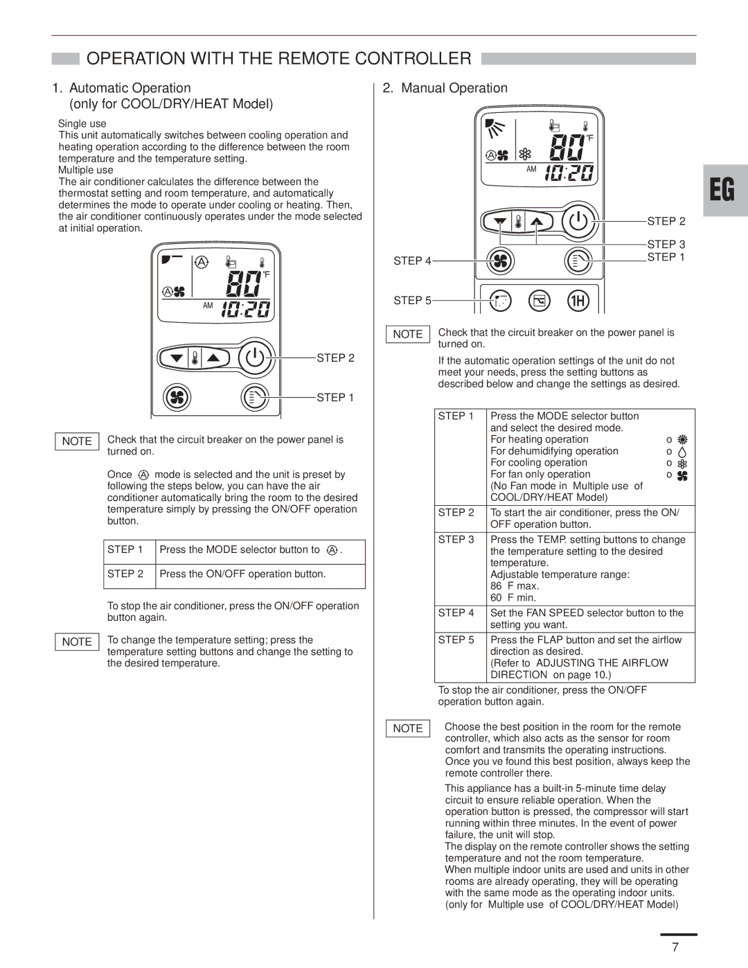 Panasonic CZ-RD515U service manual Operation with the Remote Controller, Automatic Operation Only for COOL/DRY/HEAT Model 