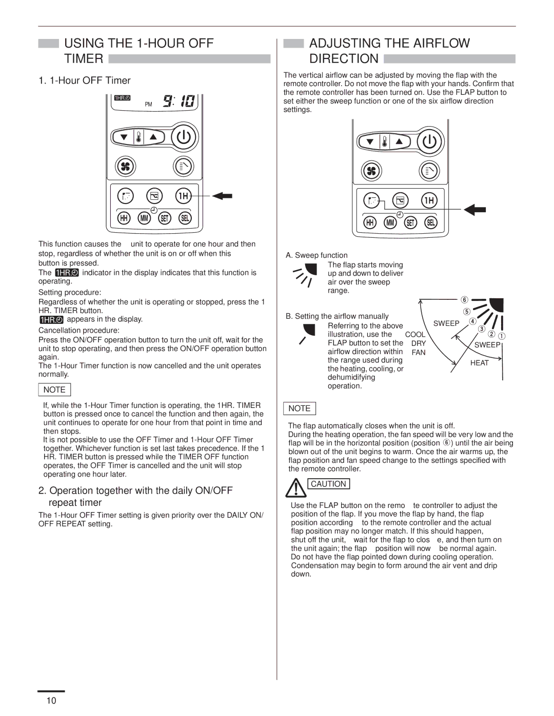 Panasonic CZ-RD515U service manual Using the 1-HOUR OFF Timer, Adjusting the Airflow Direction 