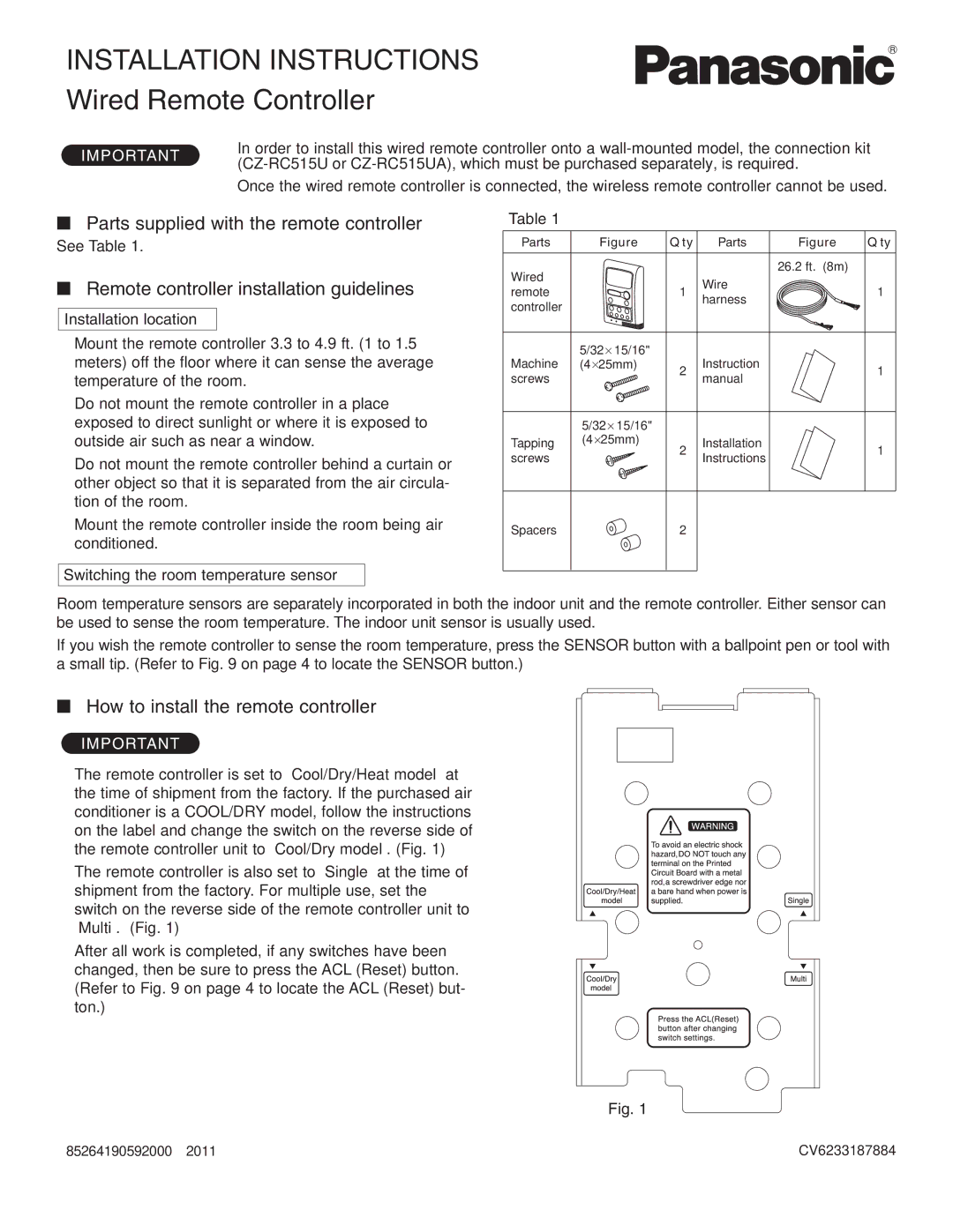 Panasonic CZ-RD515U service manual Parts supplied with the remote controller, Remote controller installation guidelines 