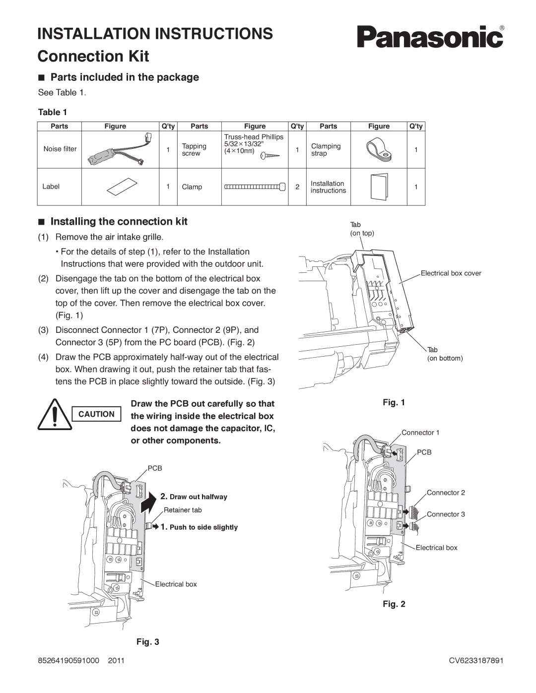 Panasonic CZ-RD515U service manual  Parts included in the package,  Installing the connection kit 