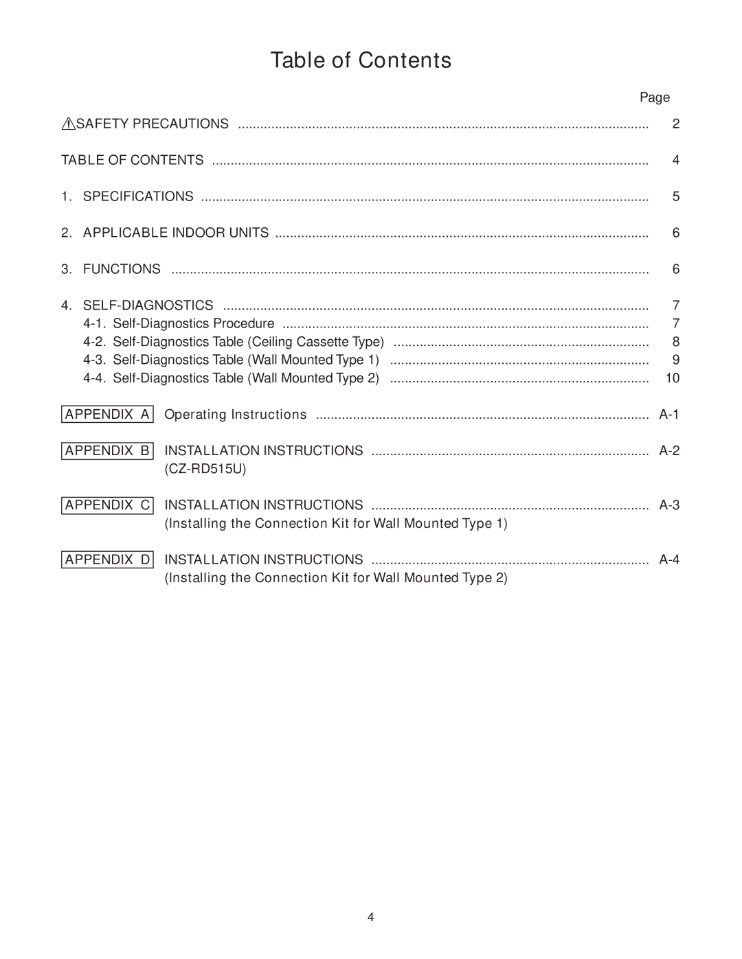 Panasonic CZ-RD515U service manual Table of Contents 