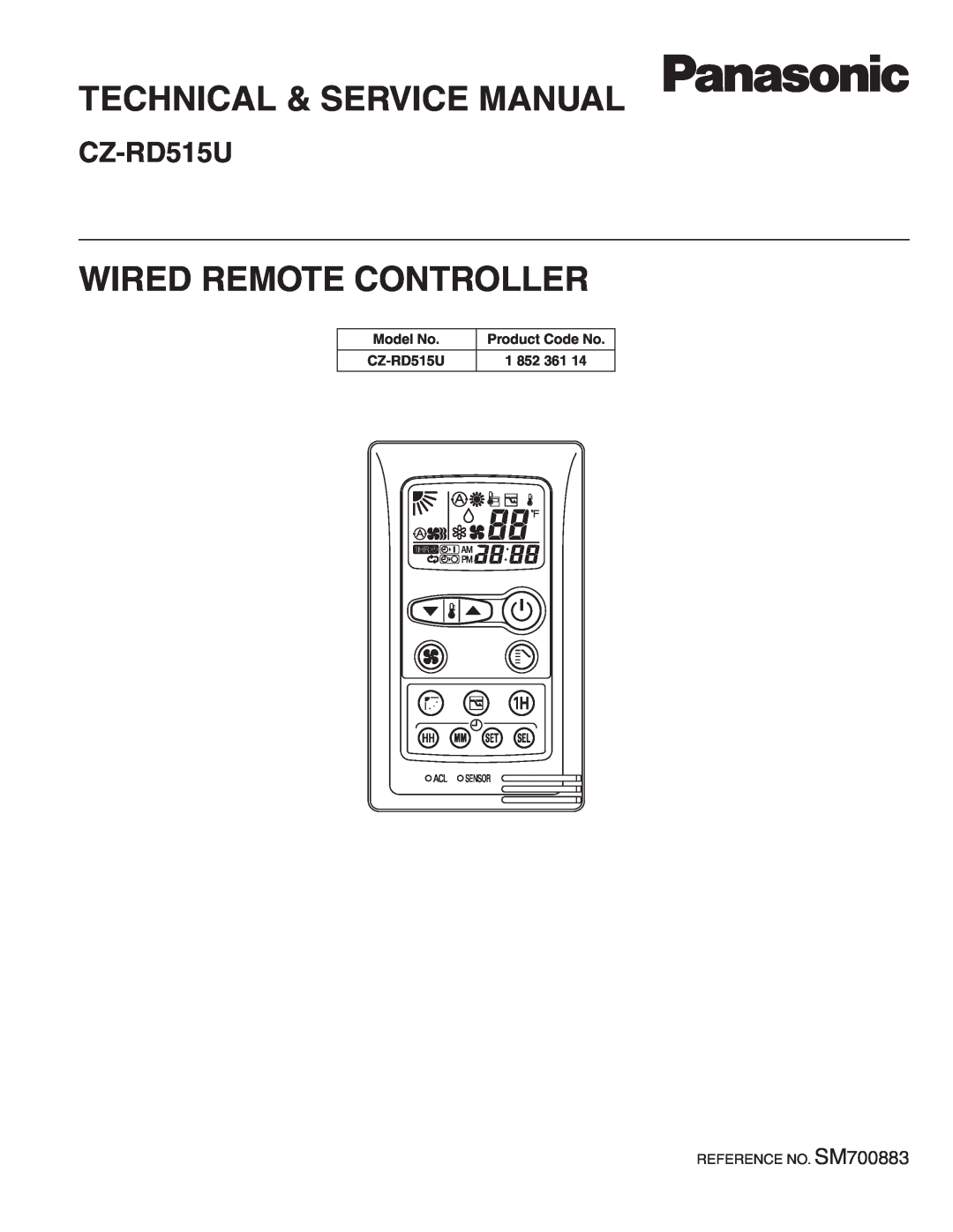 Panasonic CZ-RD515U service manual Wired Remote Controller, Model No, Product Code No 