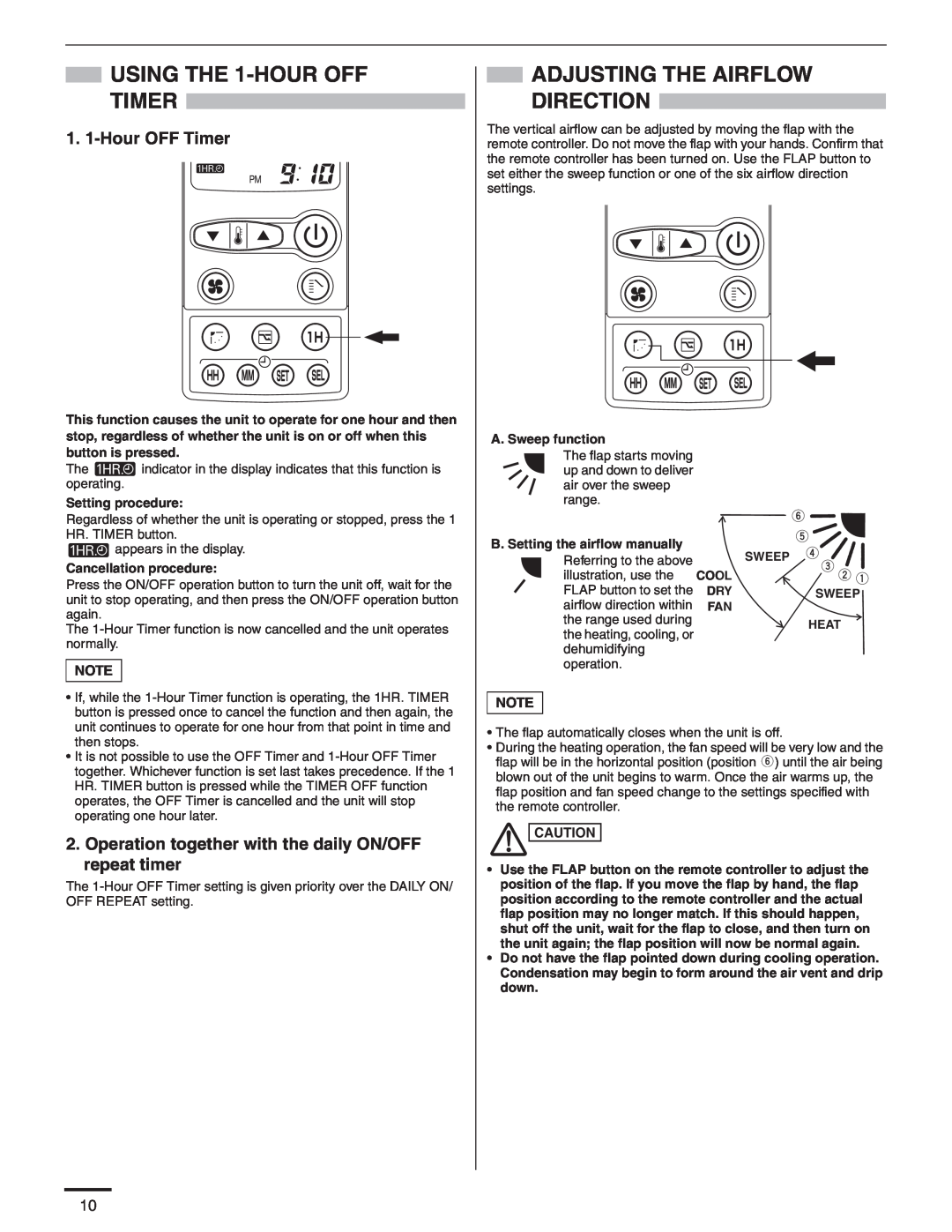 Panasonic CZ-RD515U service manual USING THE 1-HOUROFF TIMER, Adjusting The Airflow Direction, 1. 1-HourOFF Timer 