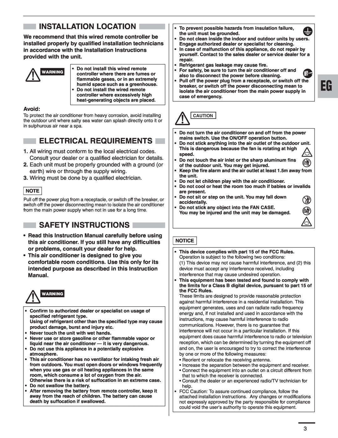 Panasonic CZ-RD515U service manual Installation Location, Electrical Requirements, Safety Instructions, Avoid 
