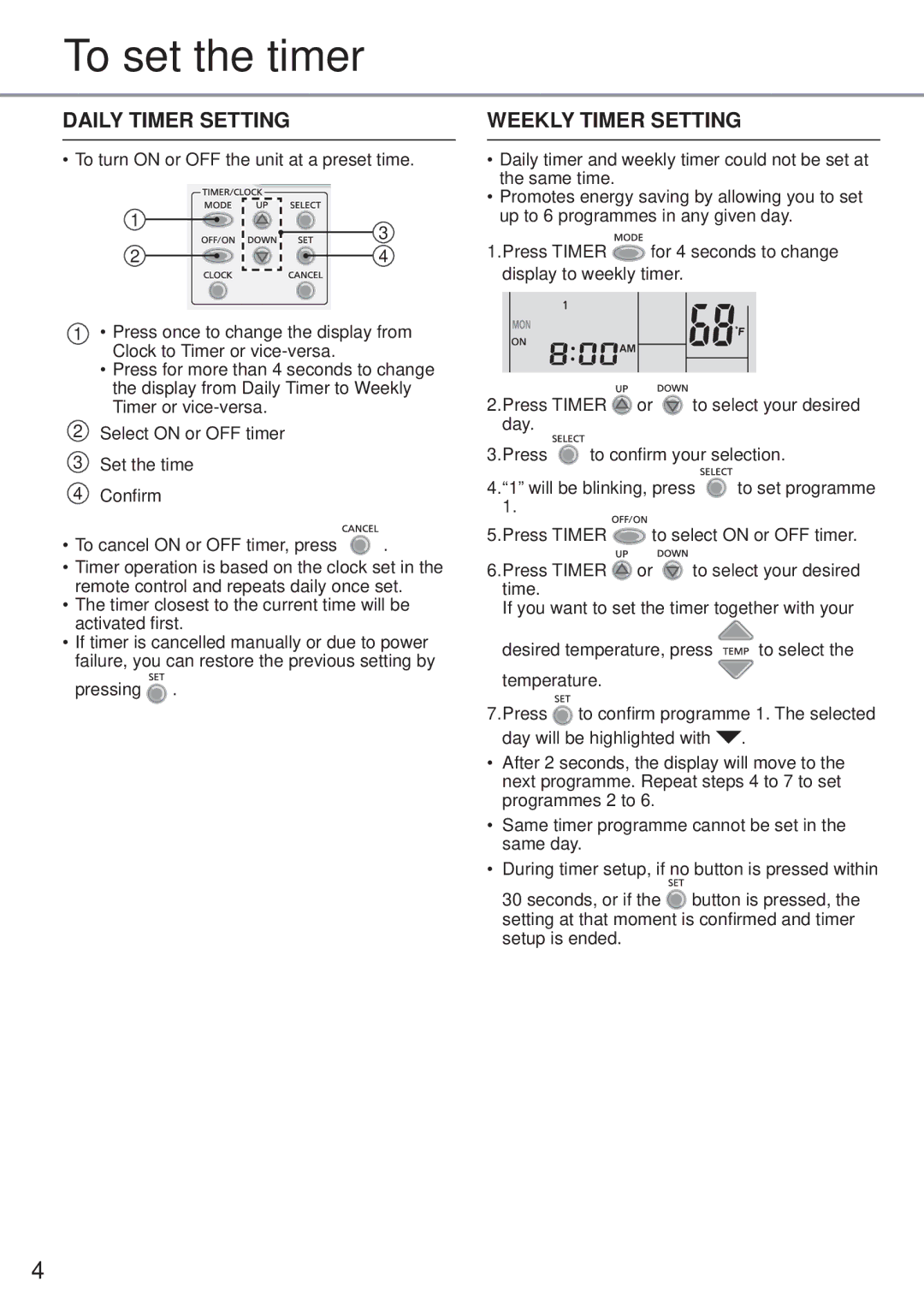 Panasonic CZ-RD516C-1 user manual To set the timer, Daily Timer Setting, Weekly Timer Setting 