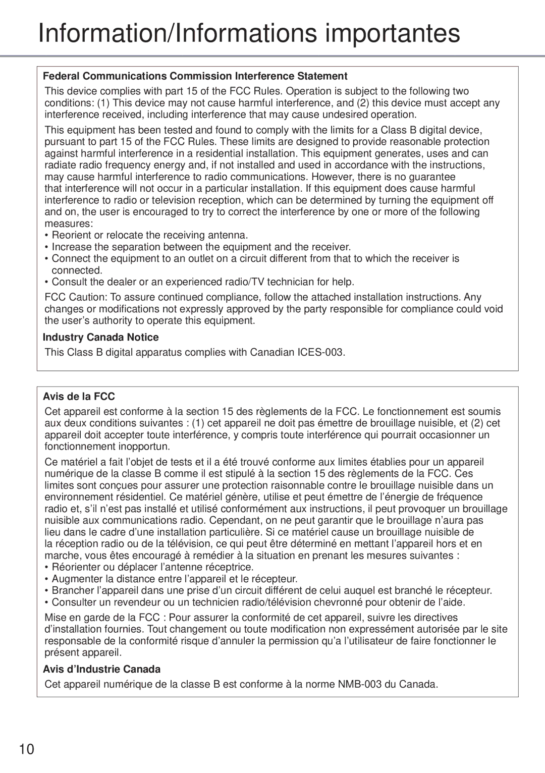 Panasonic CZ-RD516C-1 Information/Informations importantes, Federal Communications Commission Interference Statement 