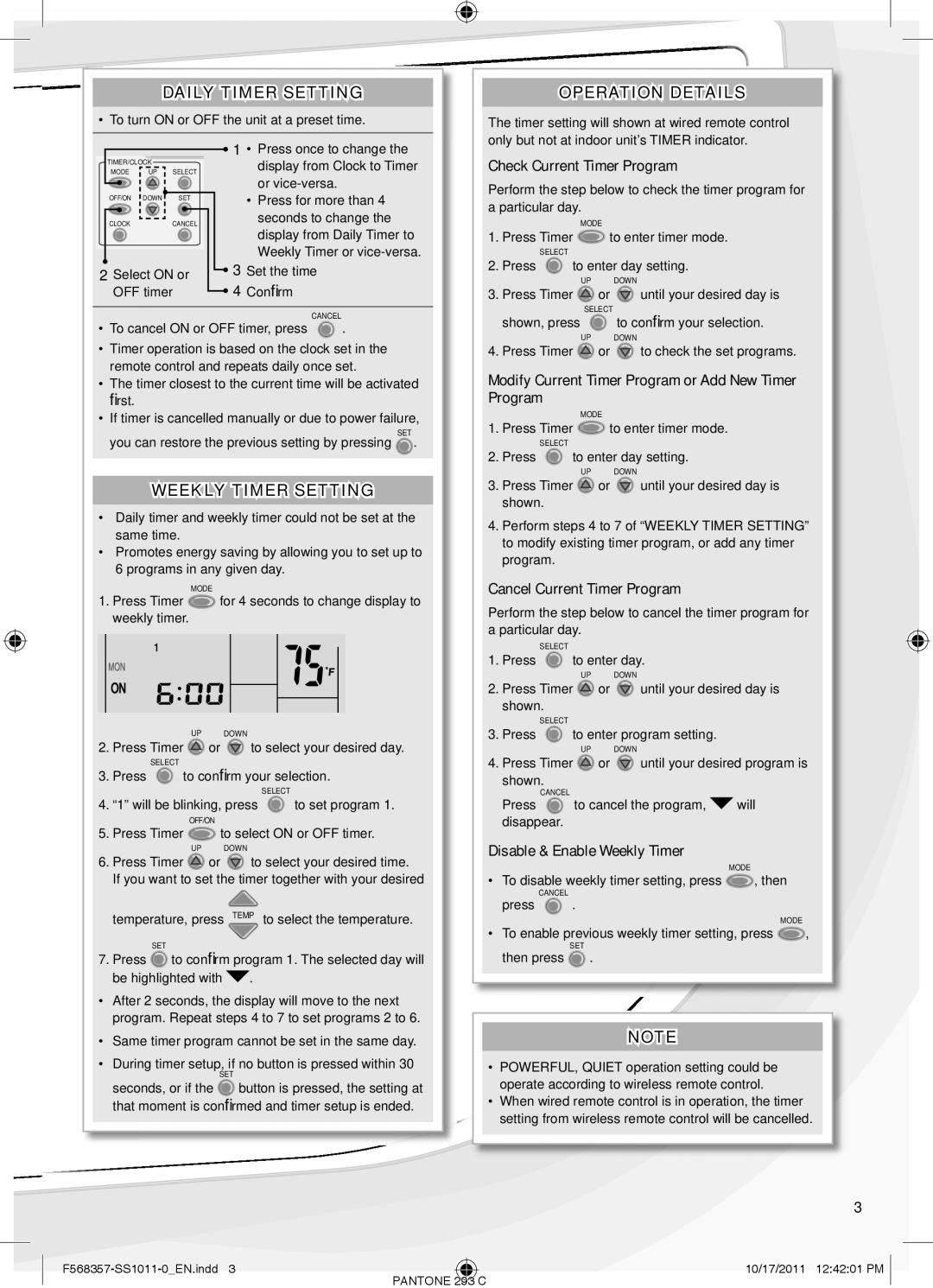 Panasonic cz-rd516c user manual Daily Timer Setting, Weekly Timer Setting, Operation Details 