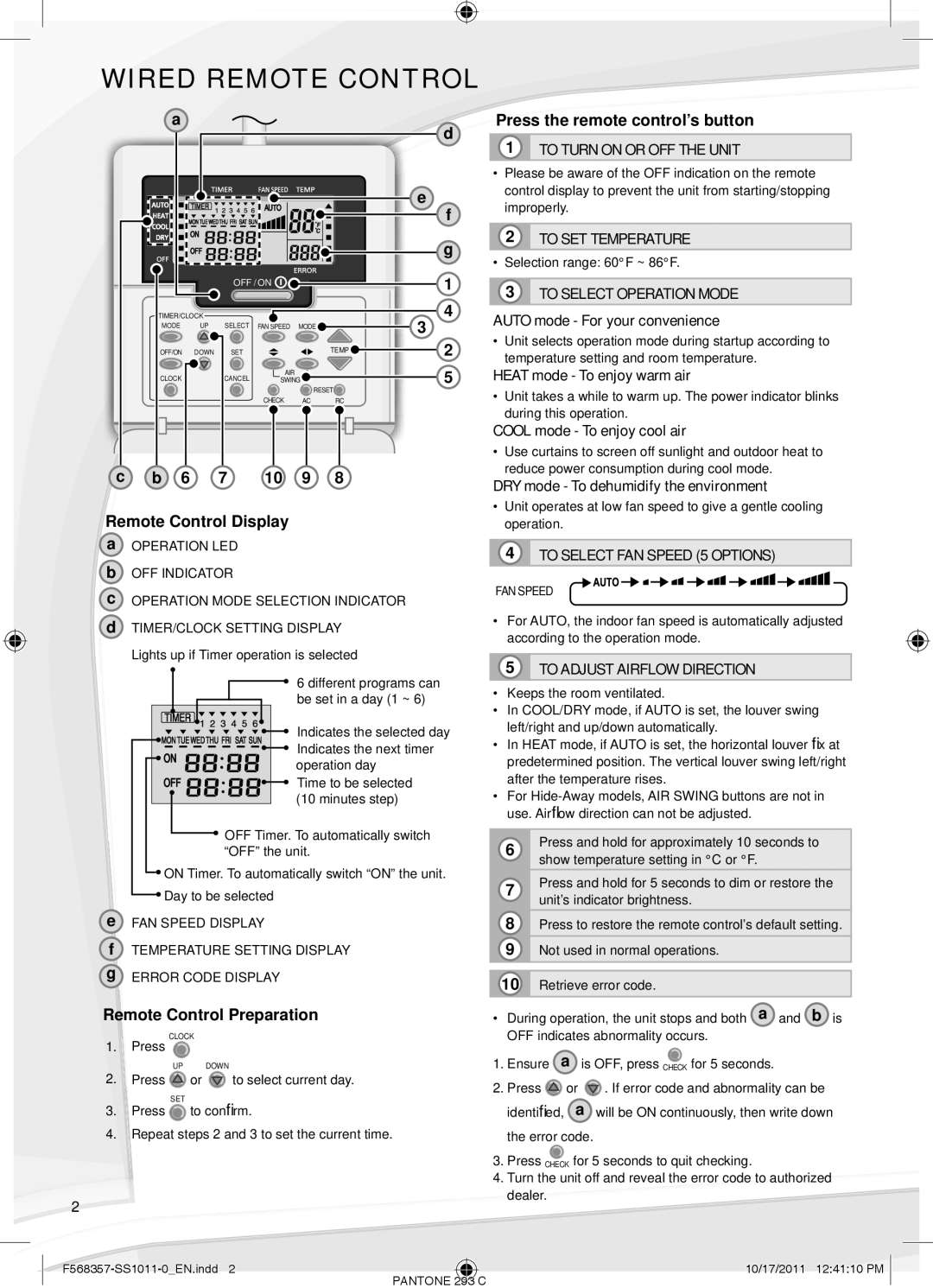 Panasonic cz-rd516c user manual Wired Remote Control 