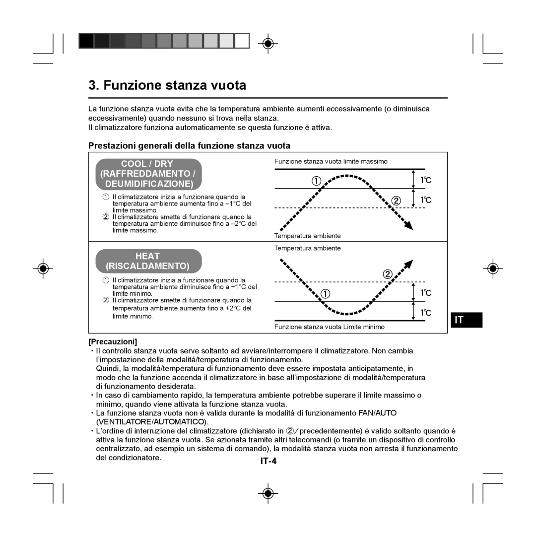 Panasonic CZ-RE2C2 instruction manual Funzione stanza vuota, Prestazioni generali della funzione stanza vuota, Precauzioni 