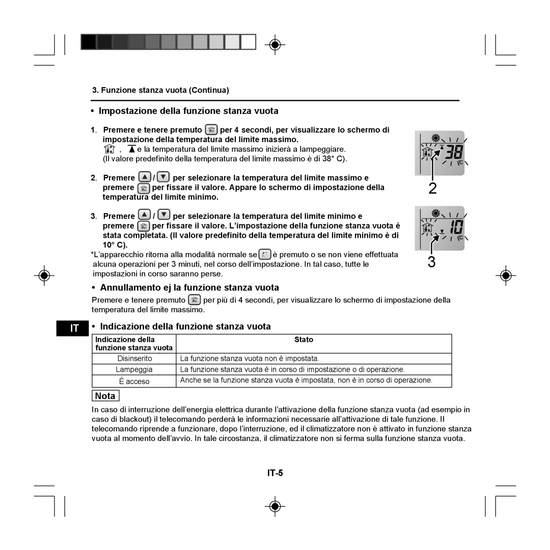 Panasonic CZ-RE2C2 Impostazione della funzione stanza vuota, FR Annullamento ej la funzione stanza vuota, Nota, IT-5 