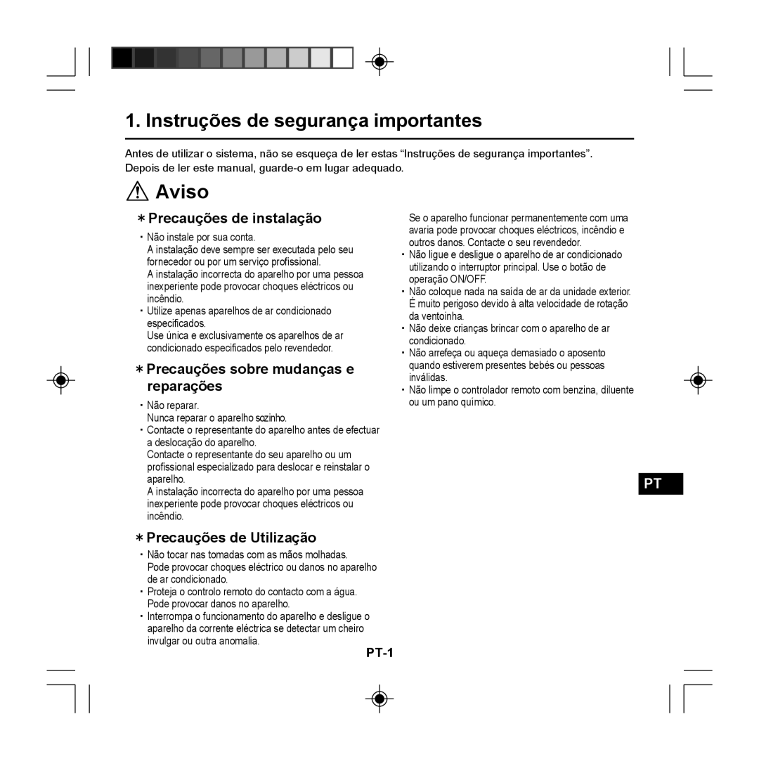 Panasonic CZ-RE2C2 Aviso, Instruções de segurança importantes, ＊Precauções de instalação, ＊Precauções de Utilização 