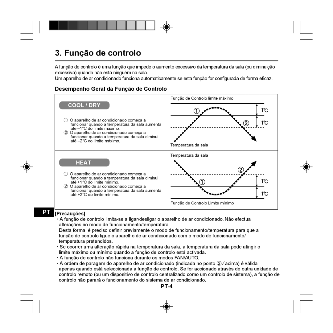 Panasonic CZ-RE2C2 instruction manual Função de controlo, Desempenho Geral da Função de Controlo, PT-4, Precauções 