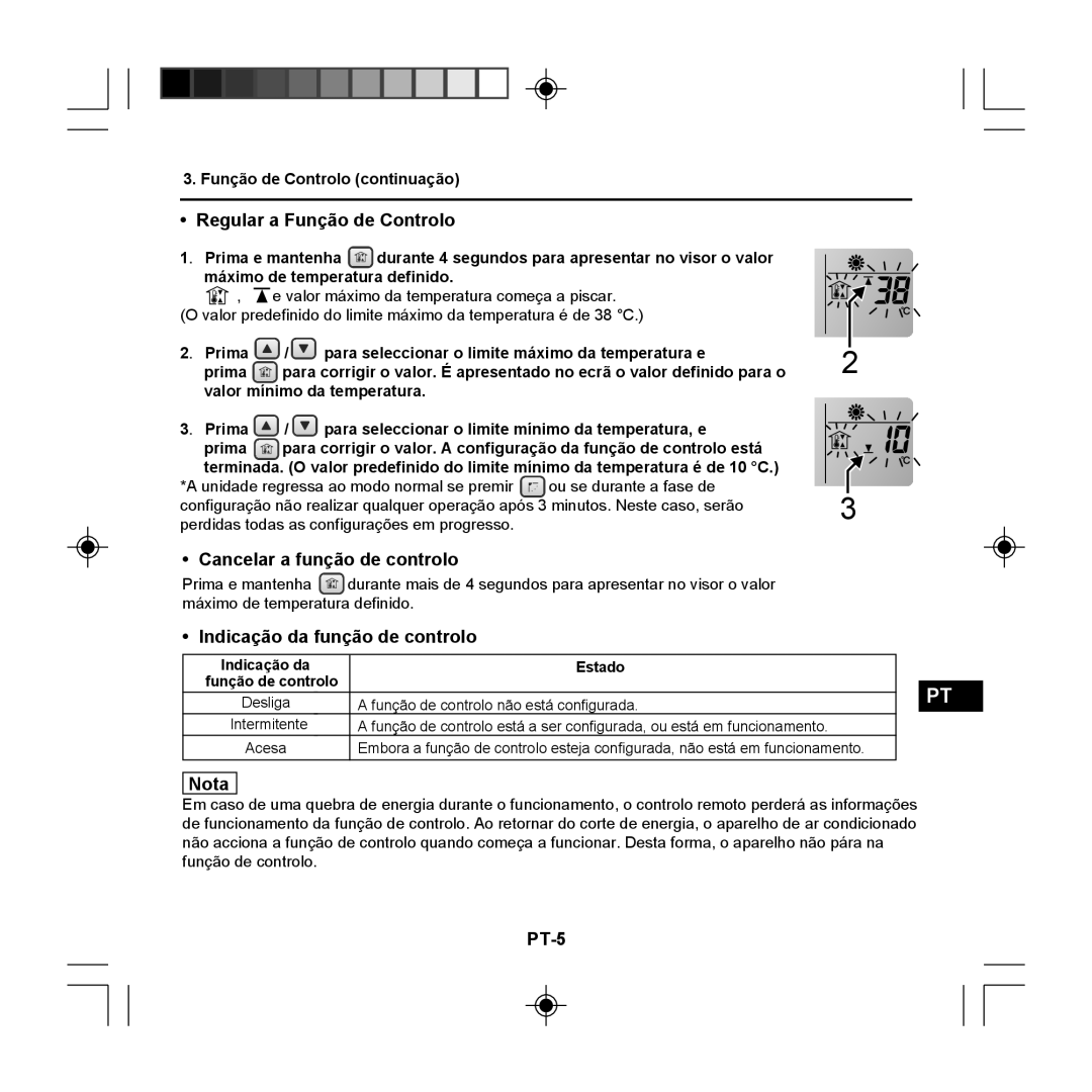 Panasonic CZ-RE2C2 Regular a Função de Controlo, Cancelar a função de controlo, Indicação da função de controlo, PT-5 