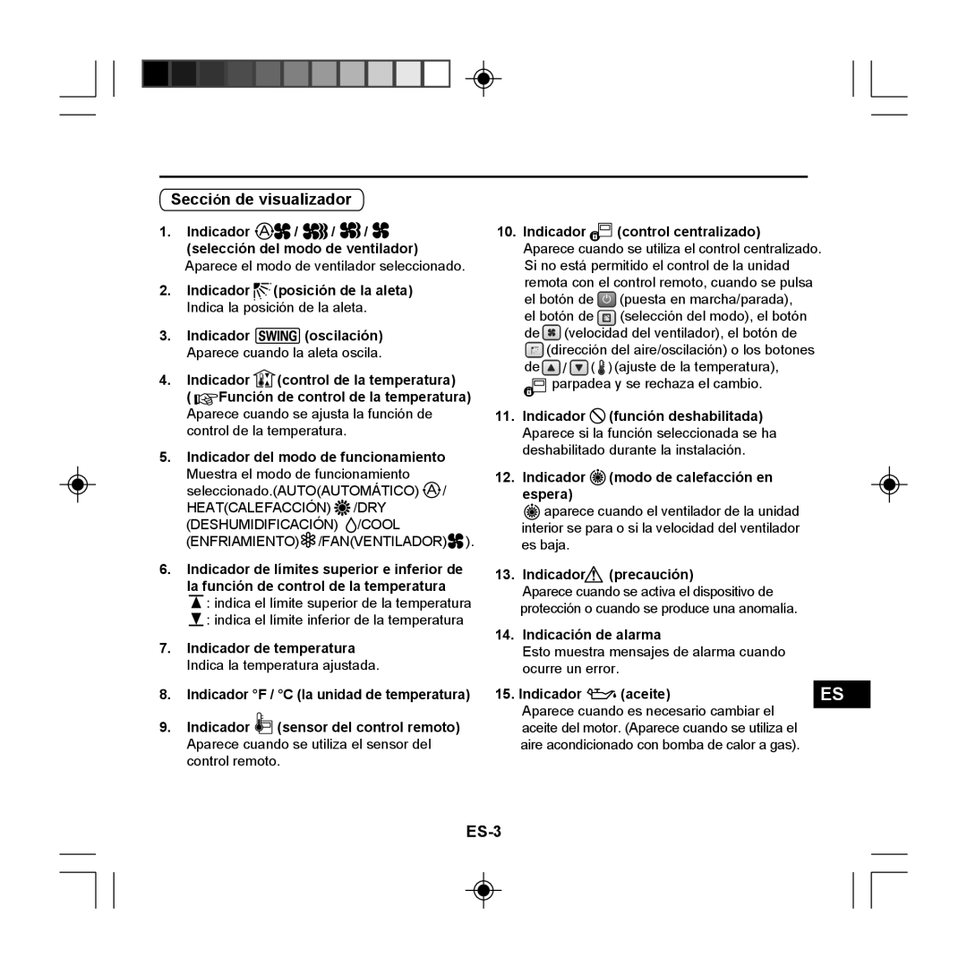 Panasonic CZ-RE2C2 Sección de visualizador, ES-3, Indicador precaución, Indicación de alarma, Indicador Aceite 