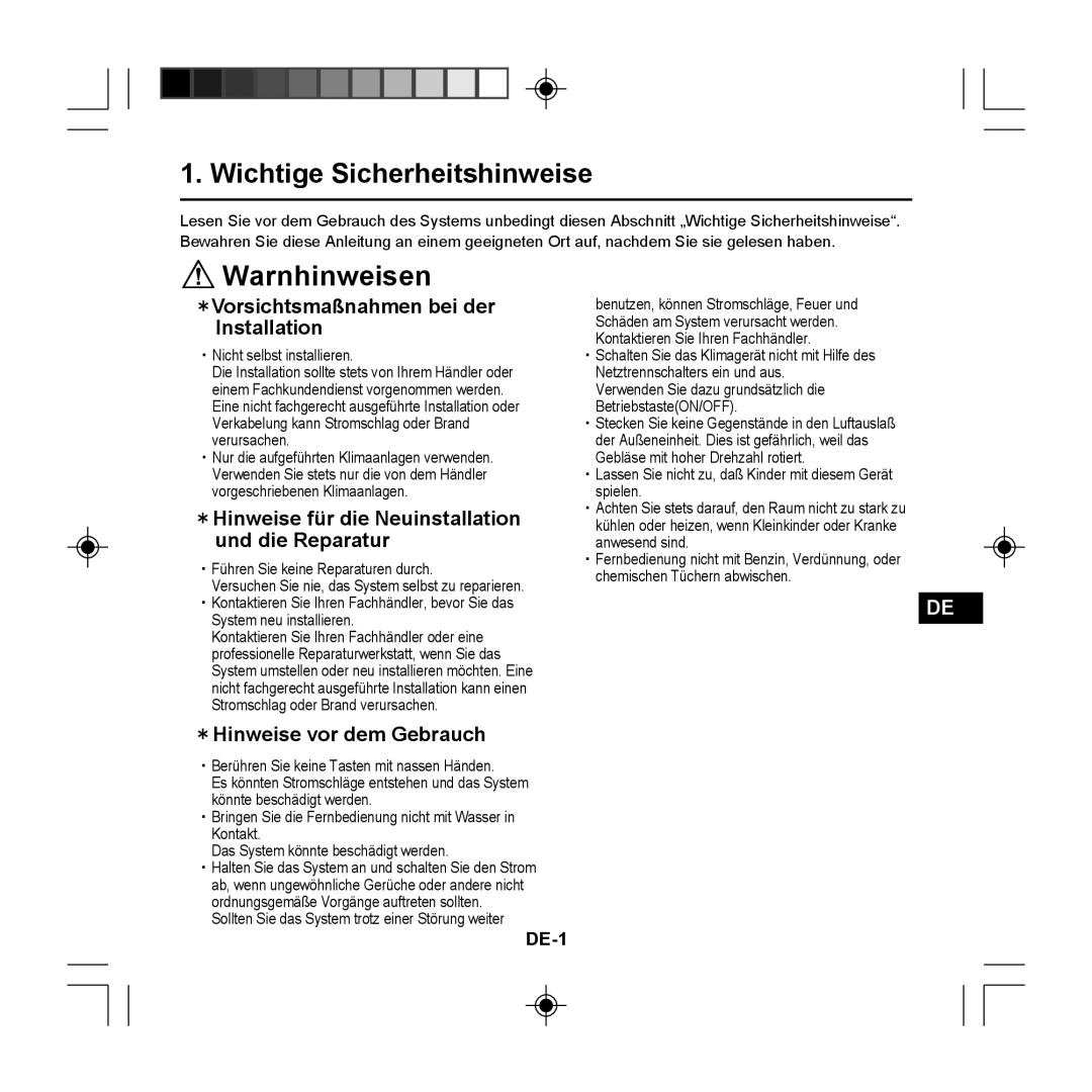 Panasonic CZ-RE2C2 instruction manual Warnhinweisen, Wichtige Sicherheitshinweise, ＊Vorsichtsmaßnahmen bei der Installation 