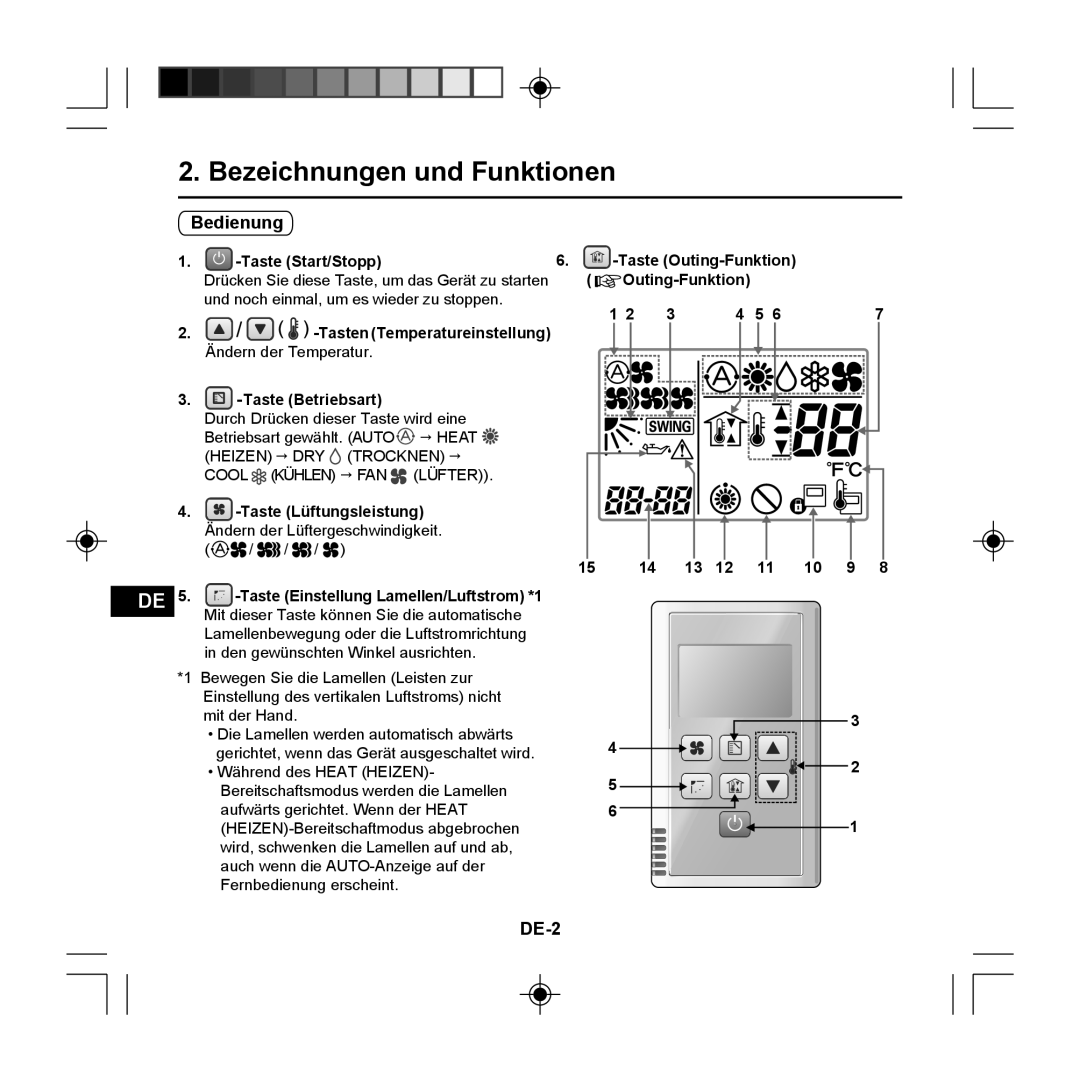 Panasonic CZ-RE2C2 Bezeichnungen und Funktionen, Bedienung, DE-2, Taste Start/Stopp Taste Outing-Funktion 