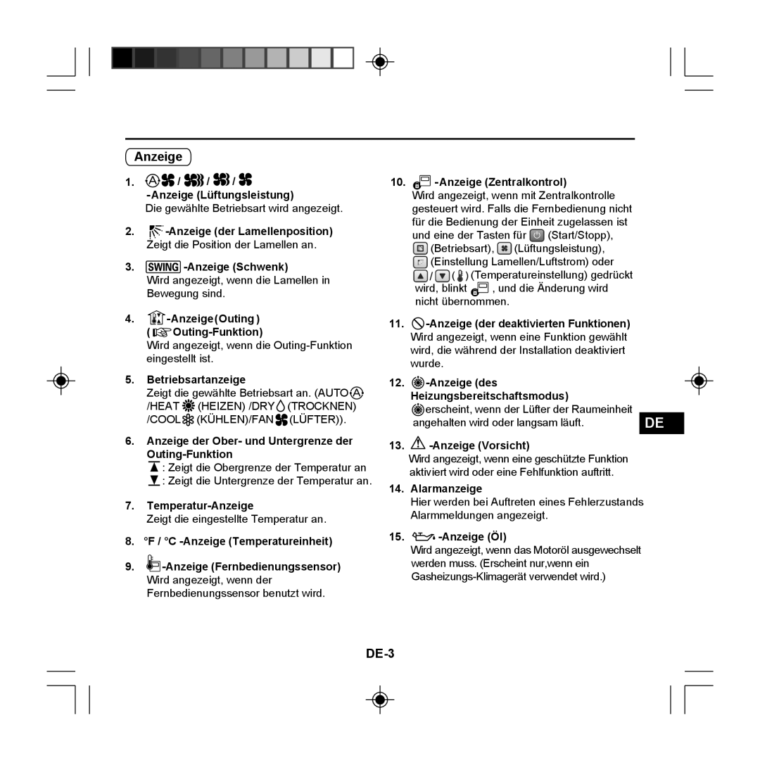 Panasonic CZ-RE2C2 instruction manual Anzeige, DE-3 